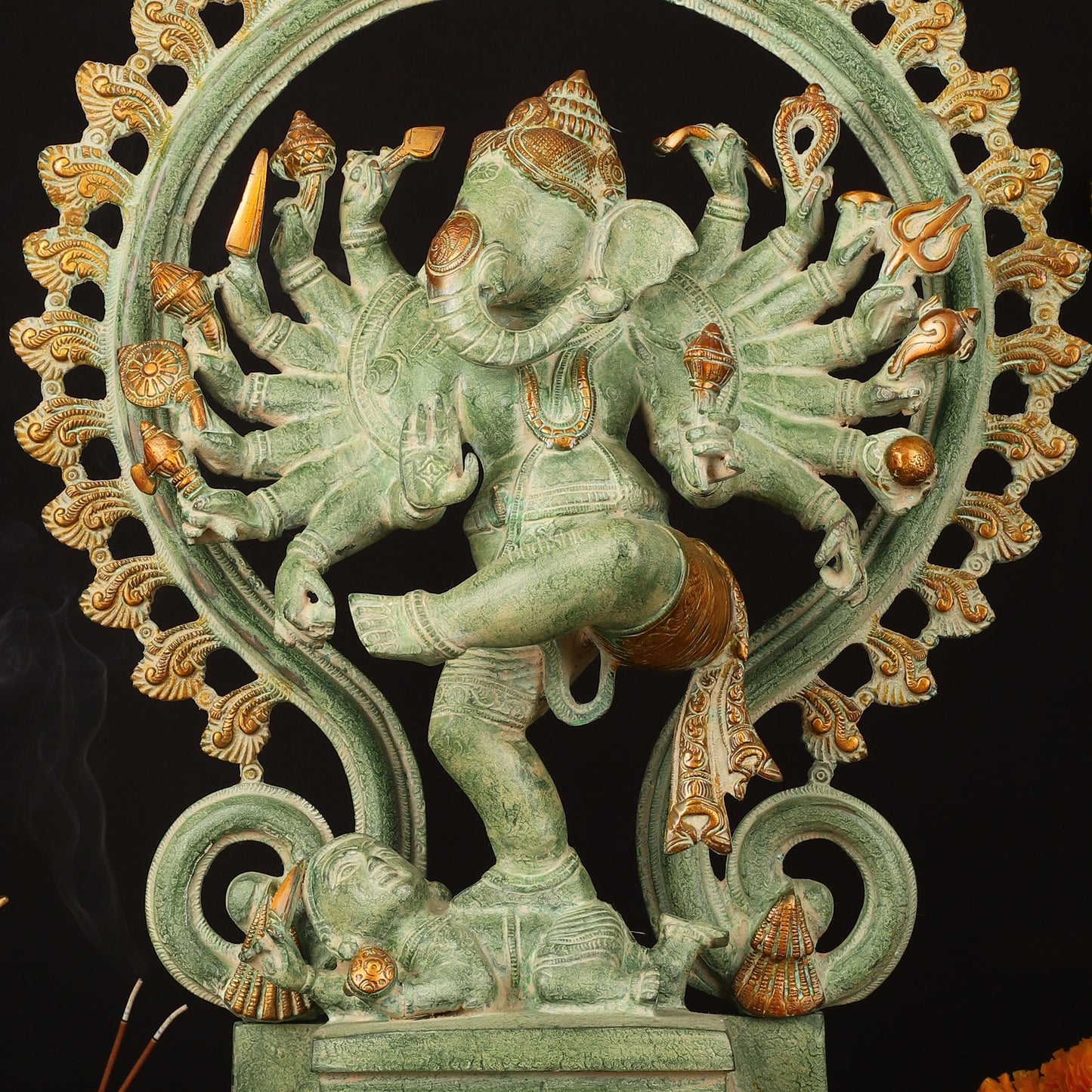 Brass Dancing Ganesha Statue - 25.5" Height, Antique Green Patina Finish