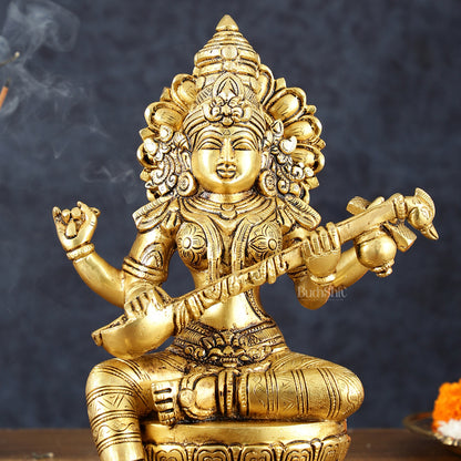 Brass Superfine Goddess Saraswati Statue – 10.5" Height, Finely Detailed