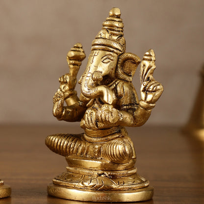 Pure Brass Small Lord Ganesha and Goddess Lakshmi Idol Pair | 3.5 Inch