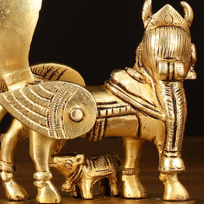 Pure Brass Superfine Kamadhenu Cow with Calf Idol - 3.5" Divine Sculpture