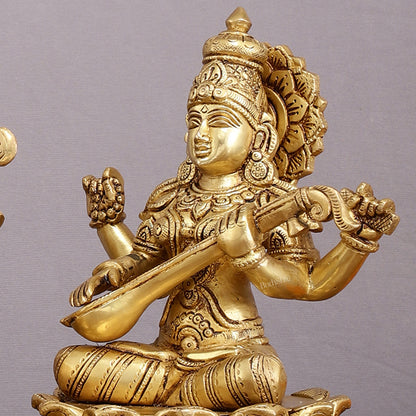 Brass superfine Ganesha, Lakshmi, and Saraswati Statues 9"