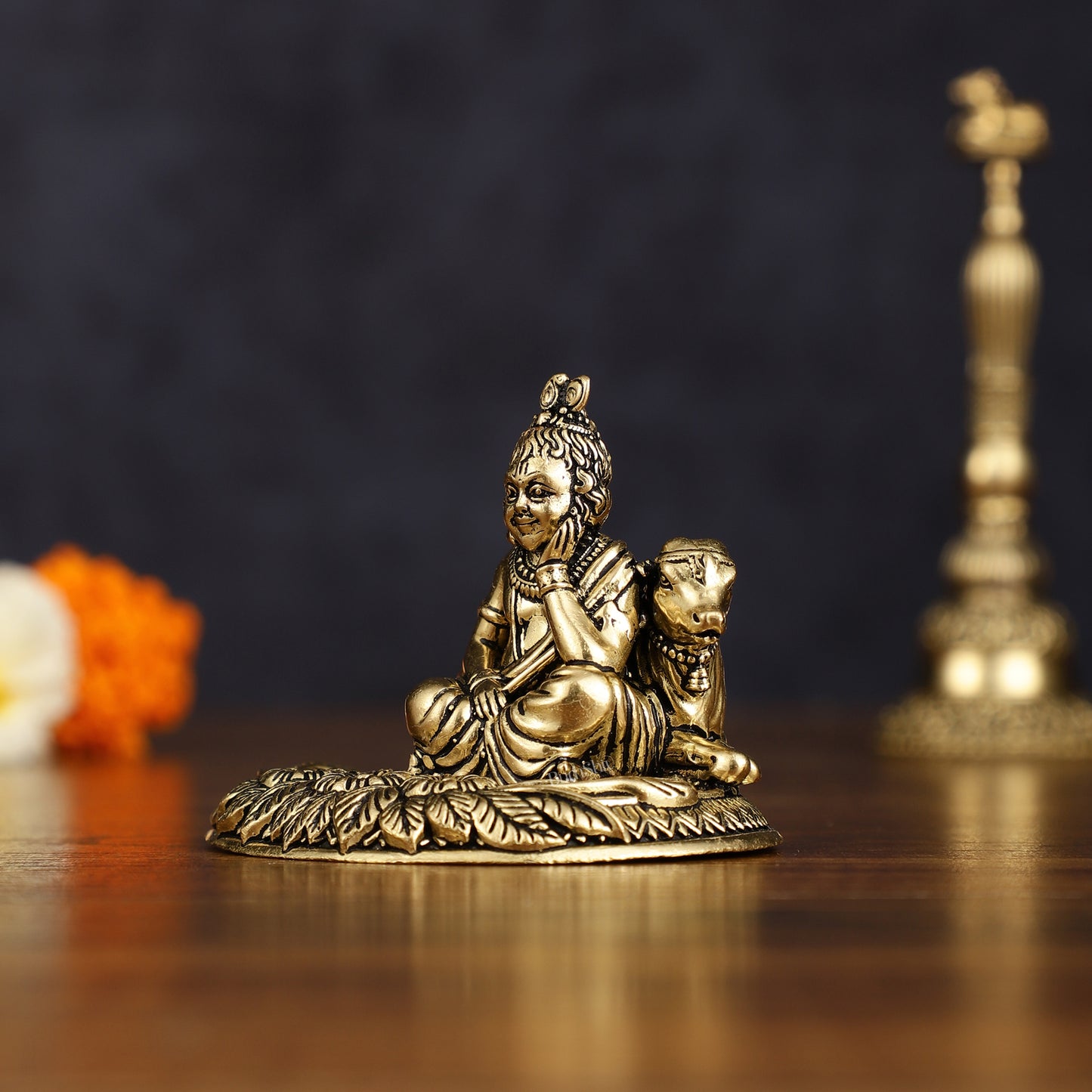 Brass Superfine Intricately Carved Bal Gopal Shri Krishna with Cow Idol