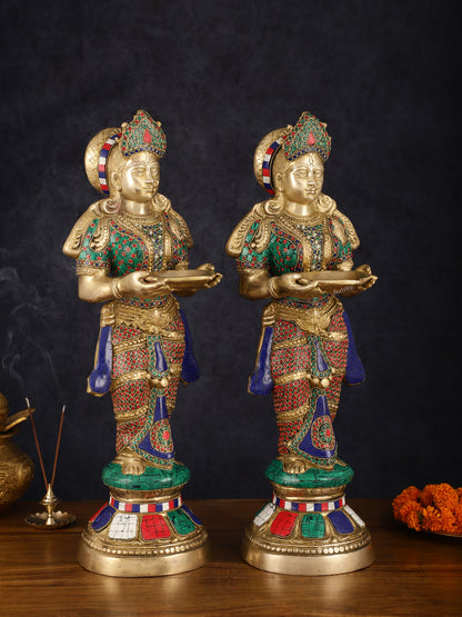 Brass Deep Lakshmi Pavaai Villaku with Intricate Stonework, 23" Height