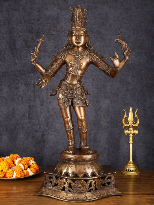 Antique Brass Handcrafted Standing Shiva as Pashupatinath Sculpture - Chola Style, 31.5"