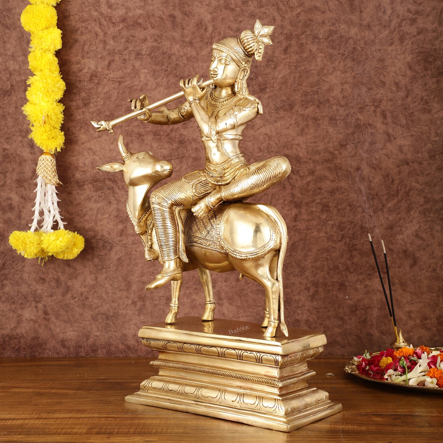 Brass Venugopal Krishna Seated on Cow Statue - 21"