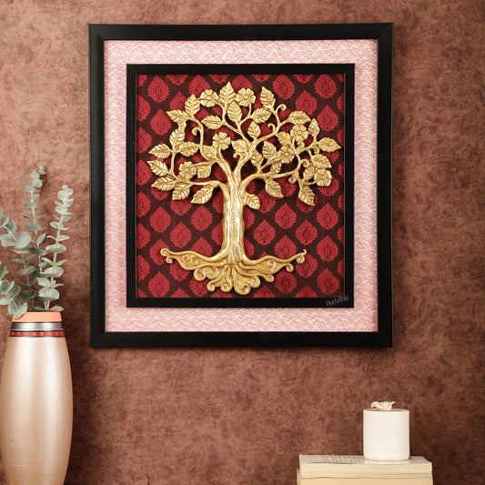 Brass Kalpavriksha Tree Hanging on Wooden Frame with Premium Fabric - 20" x 18.5"