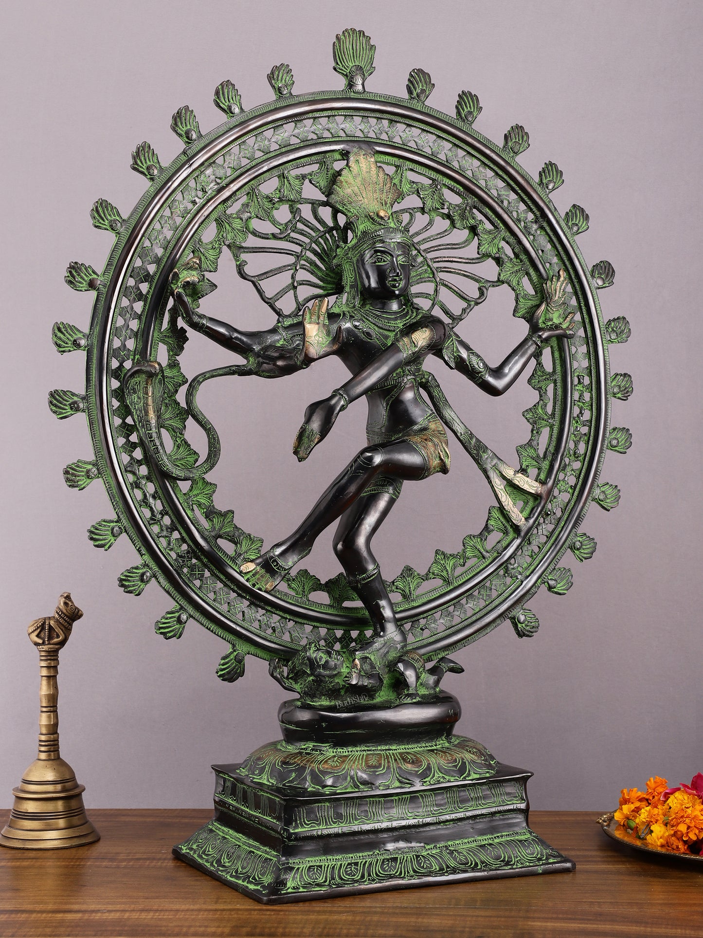 28" Superfine Brass Nataraja Statue - Golden Allure with Vintage Green and Black Touch