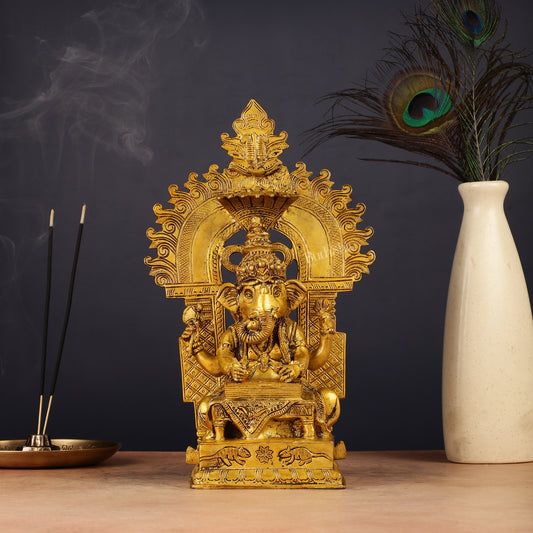 Brass Writing Ganesha Statue with Prabhal 10.5"