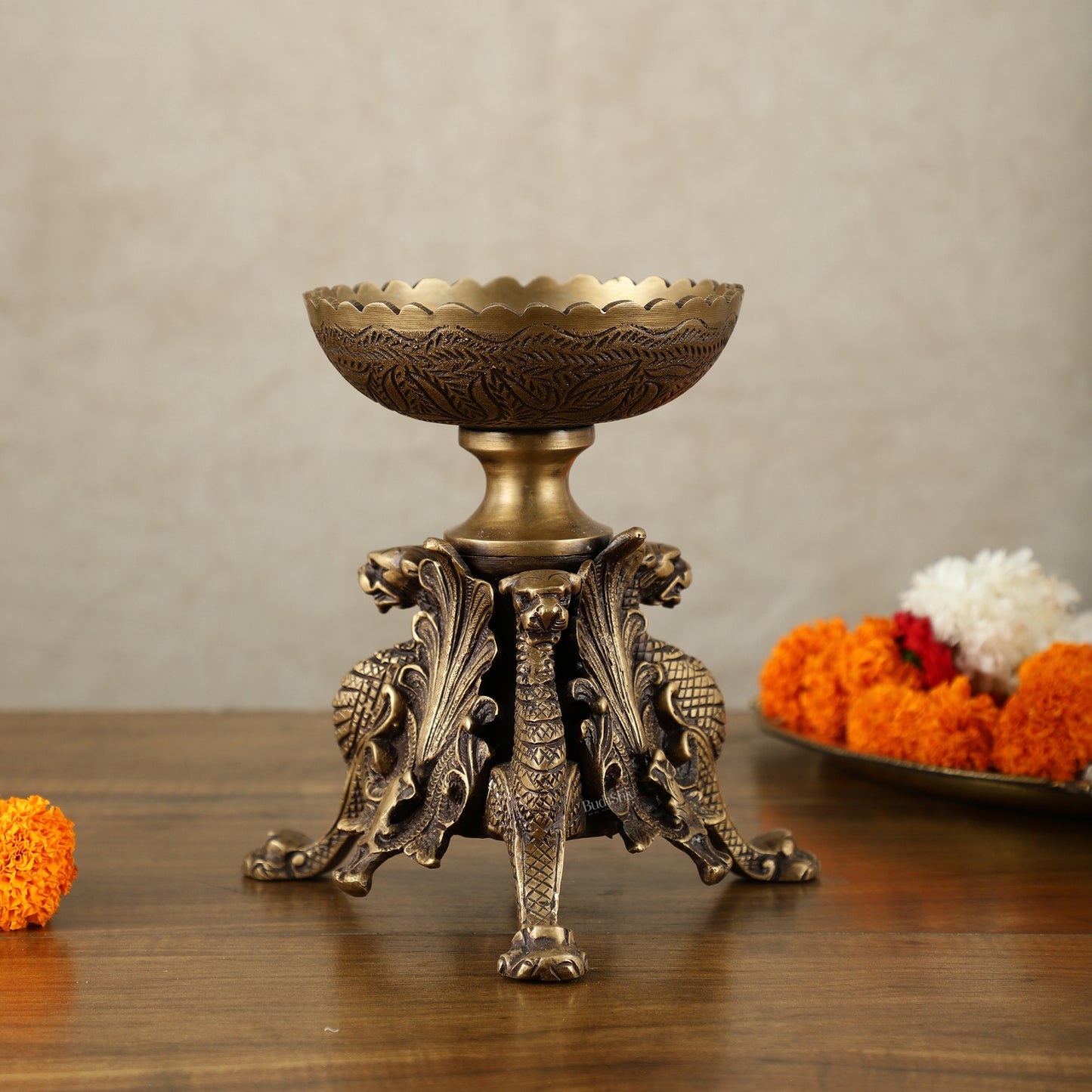 Brass Multi-Purpose Bowl with Yali Lion Stand | 8"