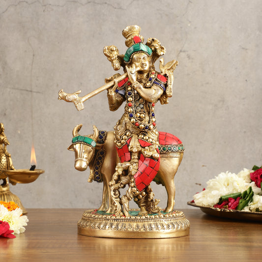 Handcrafted Krishna with Cow Brass Idol with Stonework - 10.5" Height