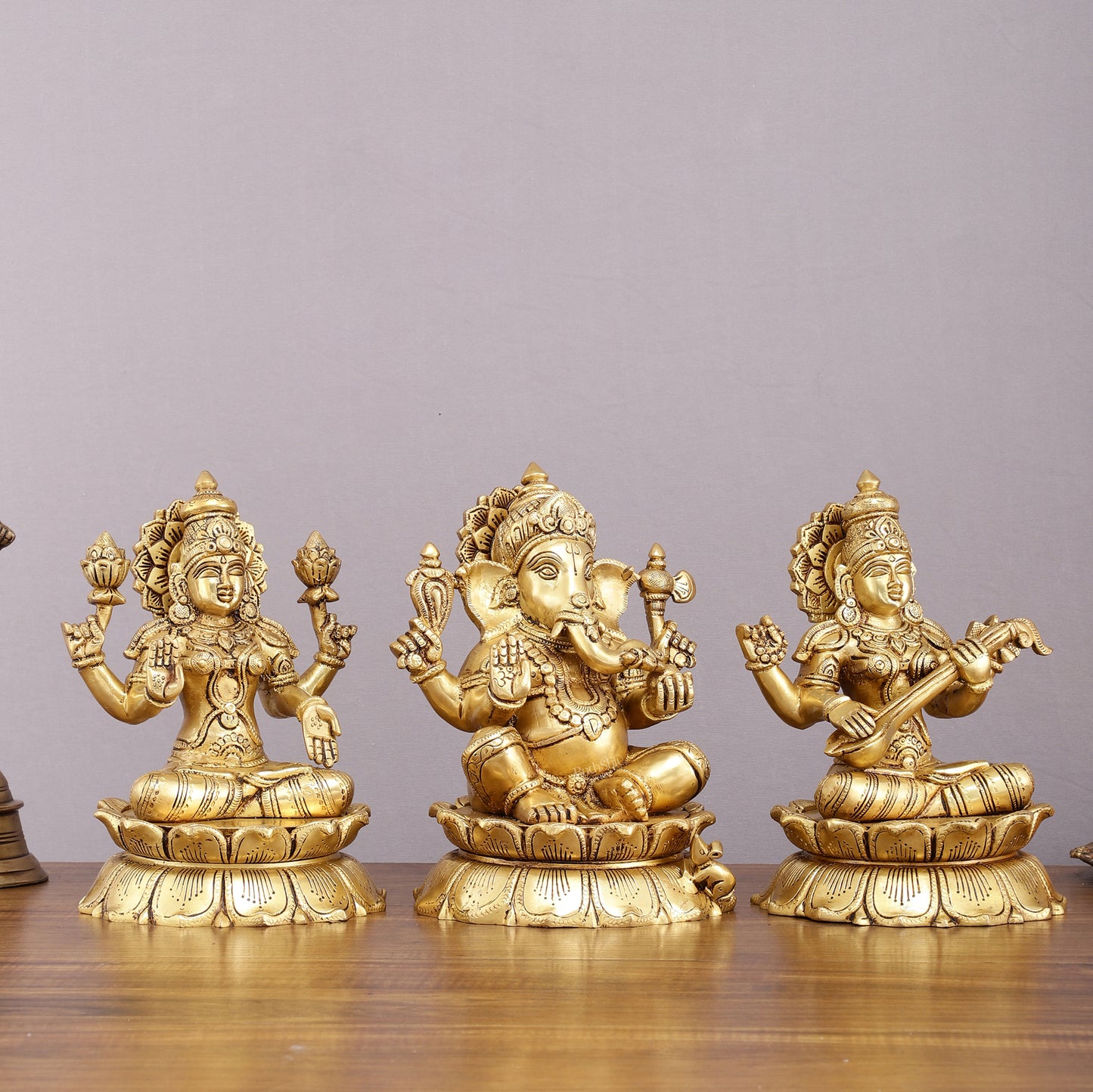 Brass superfine Ganesha, Lakshmi, and Saraswati Statues 9"