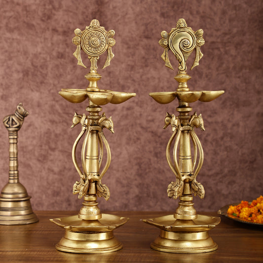 Elegant Brass Shankh Chakra vilakku Lamps - | 15 inch