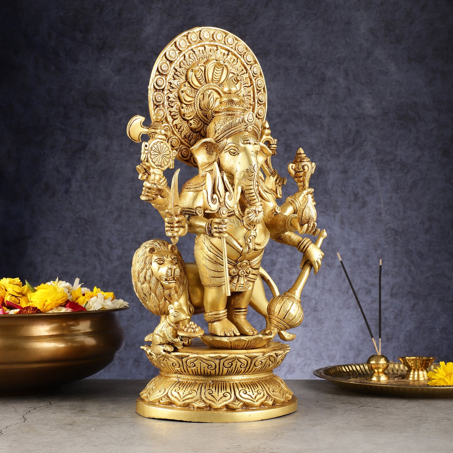 Large Brass Kana Drishti Ganesha Standing with Lion Statue | (18 inch/ 12 kgs)