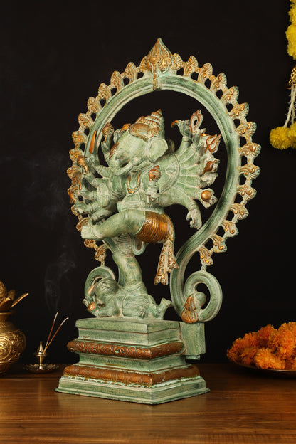 Brass Dancing Ganesha Statue - 25.5" Height, Antique Green Patina Finish