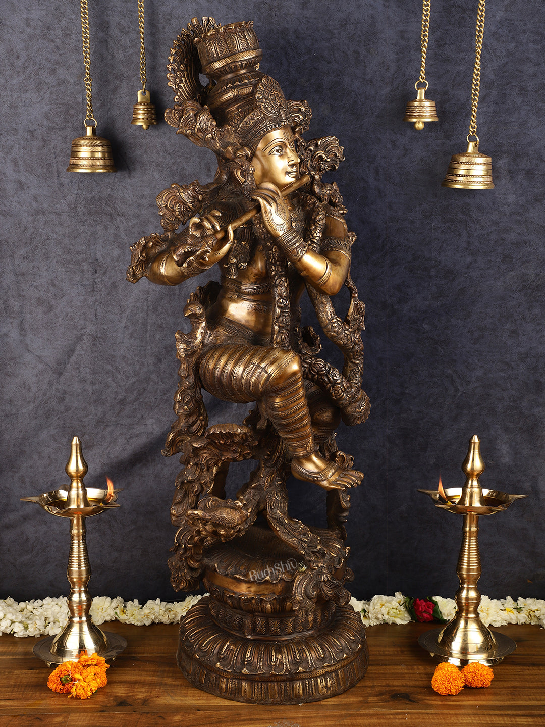 Handcrafted Large Lord Krishna Brass Sculpture - 43 inch/3.75 feet