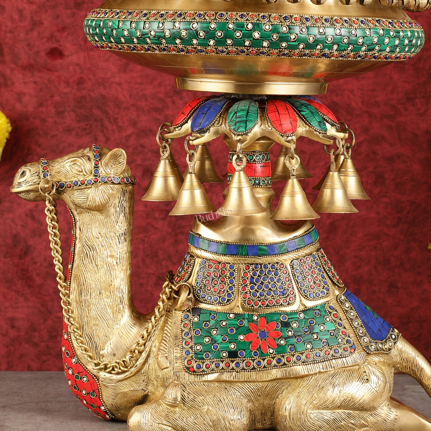 Pure Brass Urli on Camel's Back with Meenakari Stonework - 16 Inch