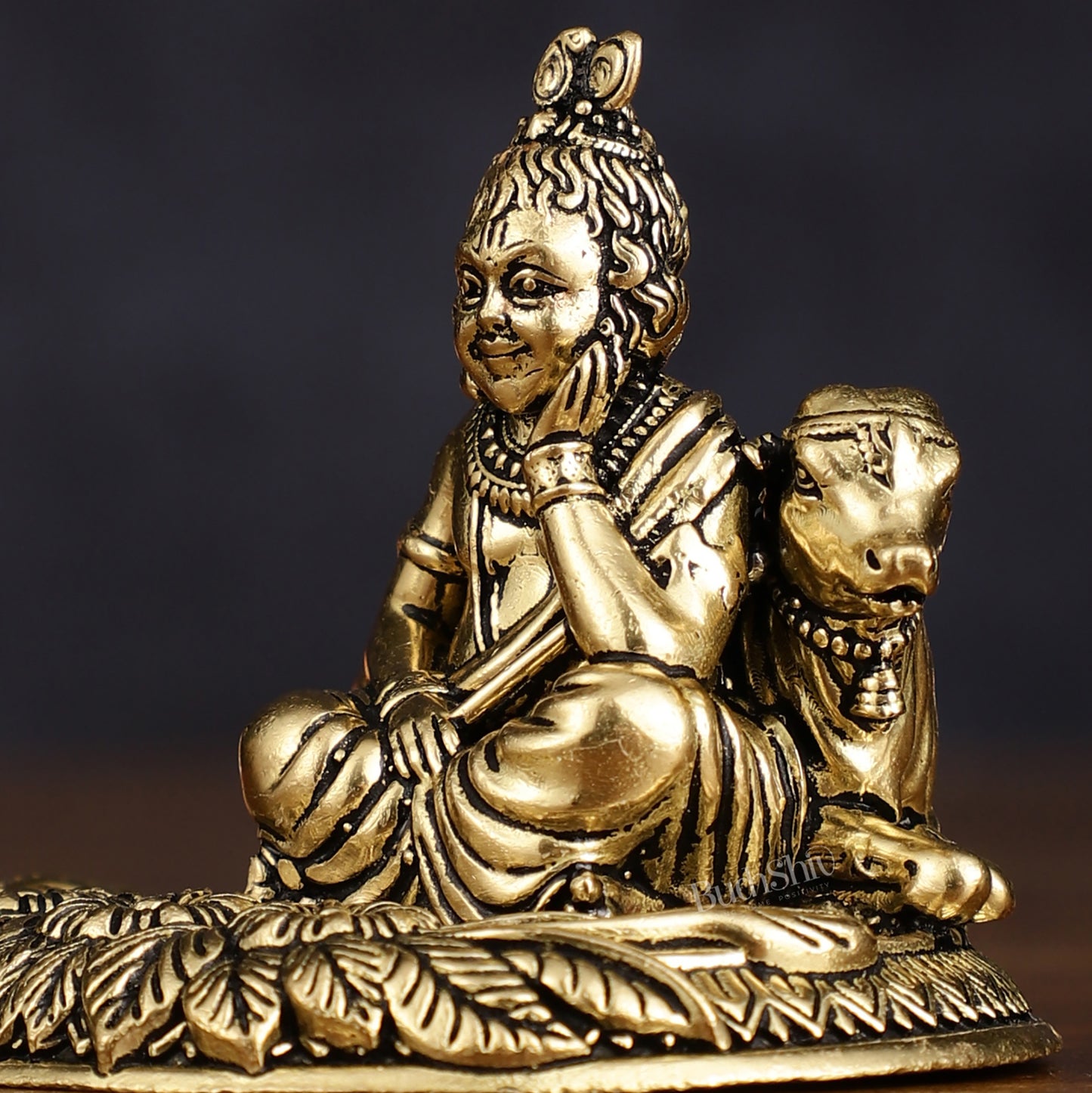 Brass Superfine Intricately Carved Bal Gopal Shri Krishna with Cow Idol