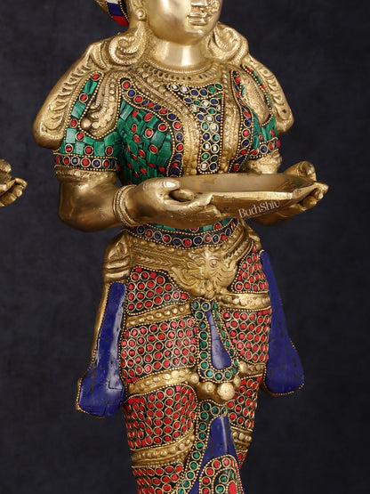 Brass Deep Lakshmi Pavaai Villaku with Intricate Stonework, 23" Height