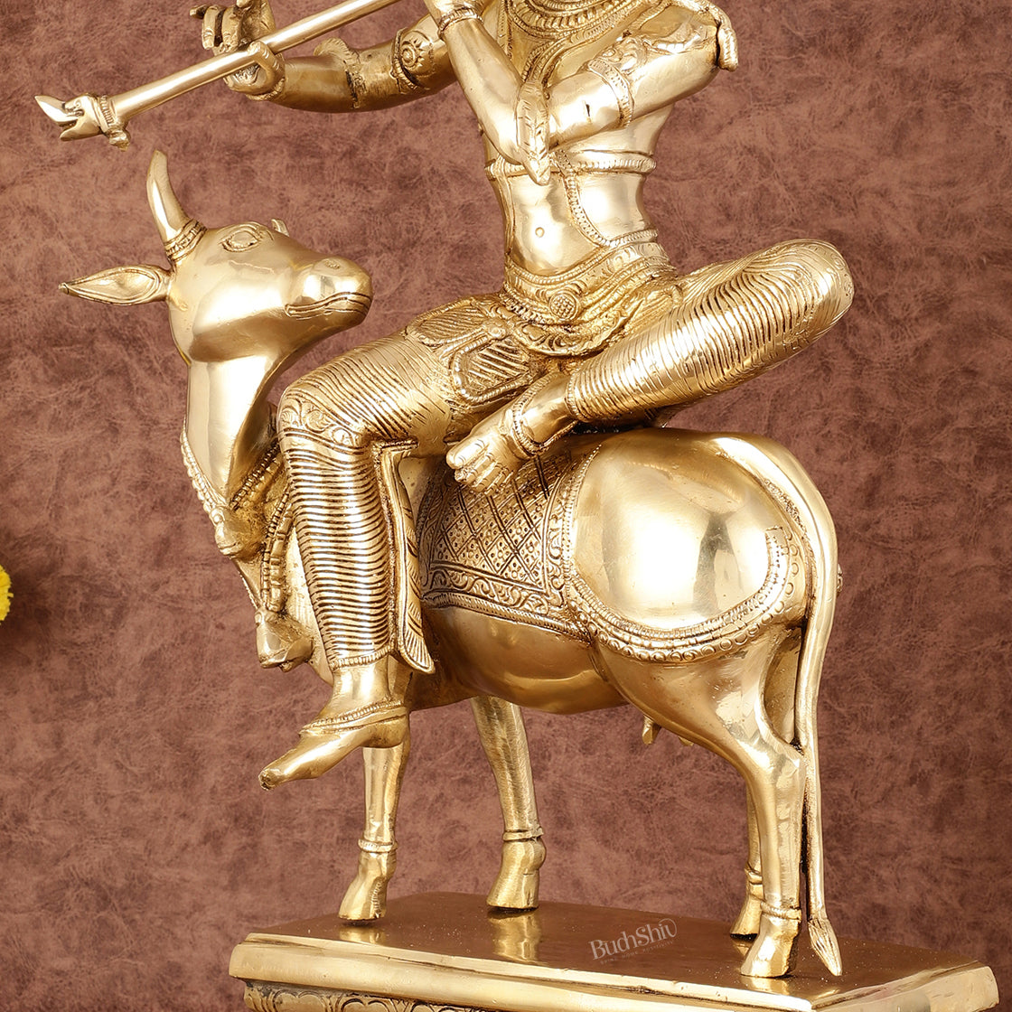 Brass Venugopal Krishna Seated on Cow Statue - 21"