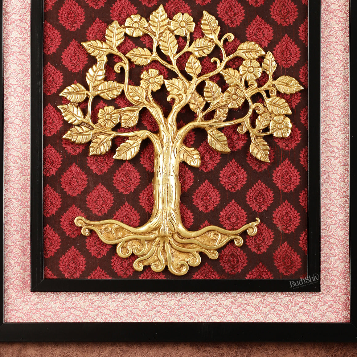 Brass Kalpavriksha Tree Hanging on Wooden Frame with Premium Fabric - 20" x 18.5"