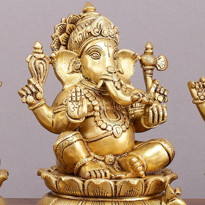 Brass superfine Ganesha, Lakshmi, and Saraswati Statues 9"