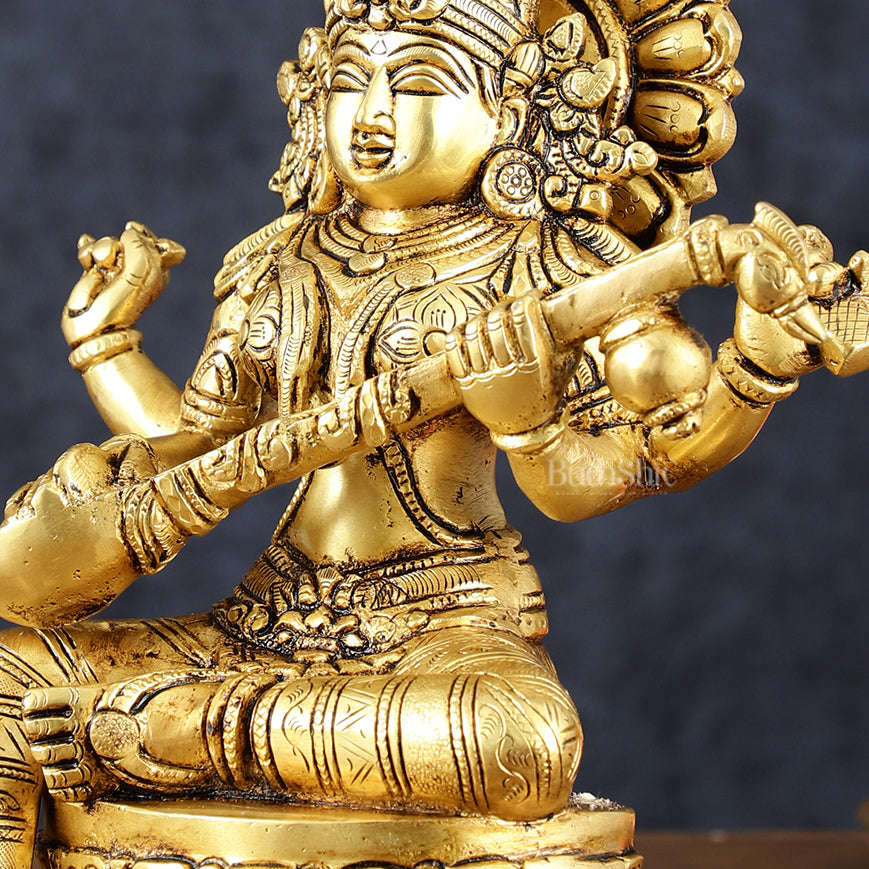 Brass Superfine Goddess Saraswati Statue – 10.5" Height, Finely Detailed