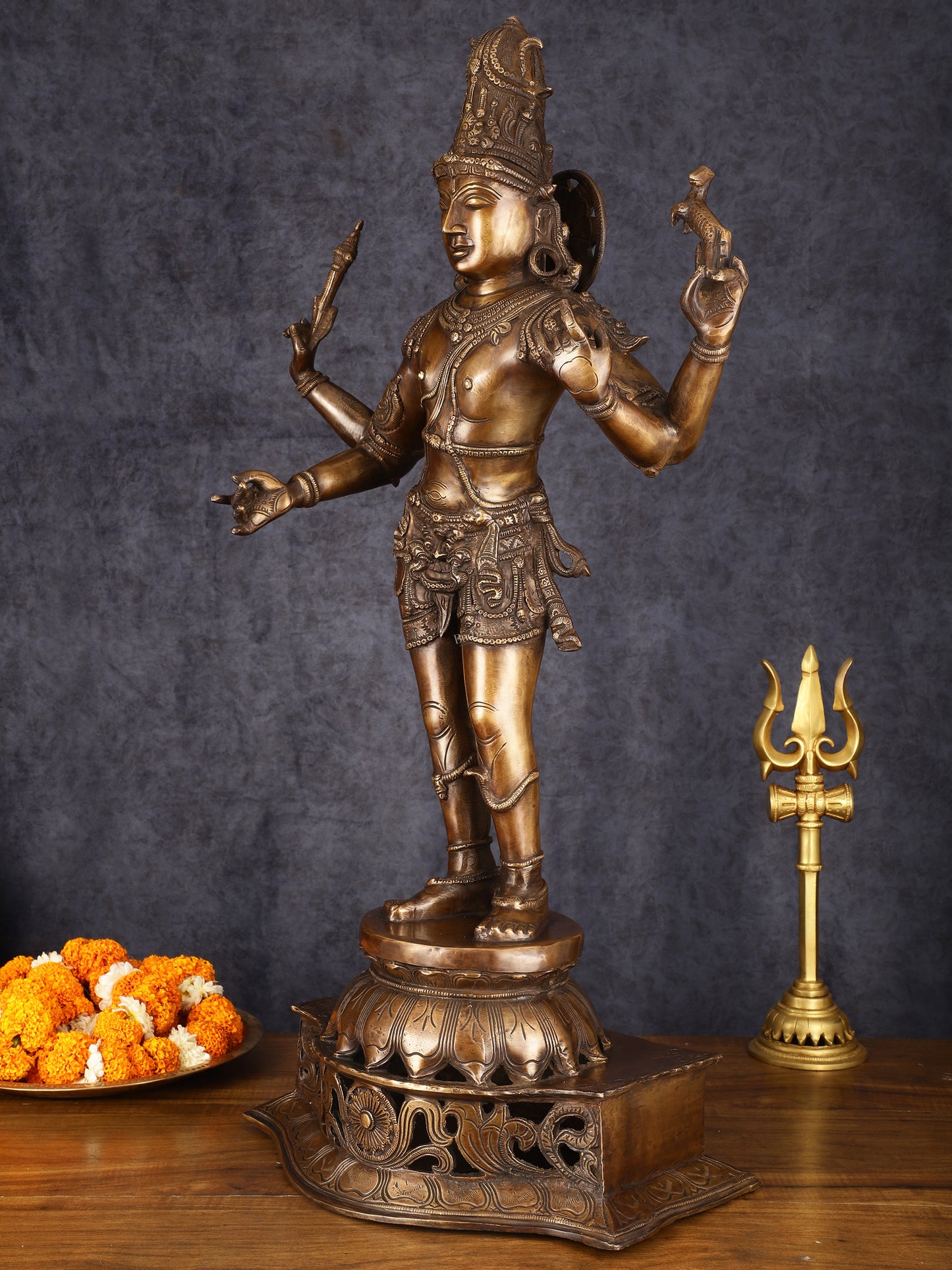 Antique Brass Handcrafted Standing Shiva as Pashupatinath Sculpture - Chola Style, 31.5"