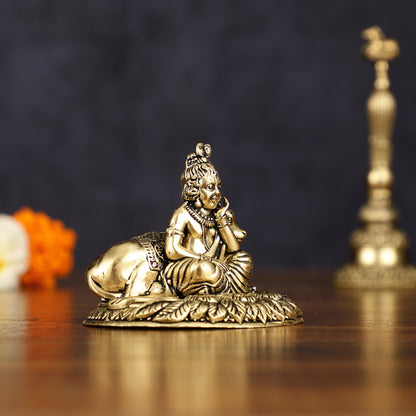 Brass Superfine Intricately Carved Bal Gopal Shri Krishna with Cow Idol