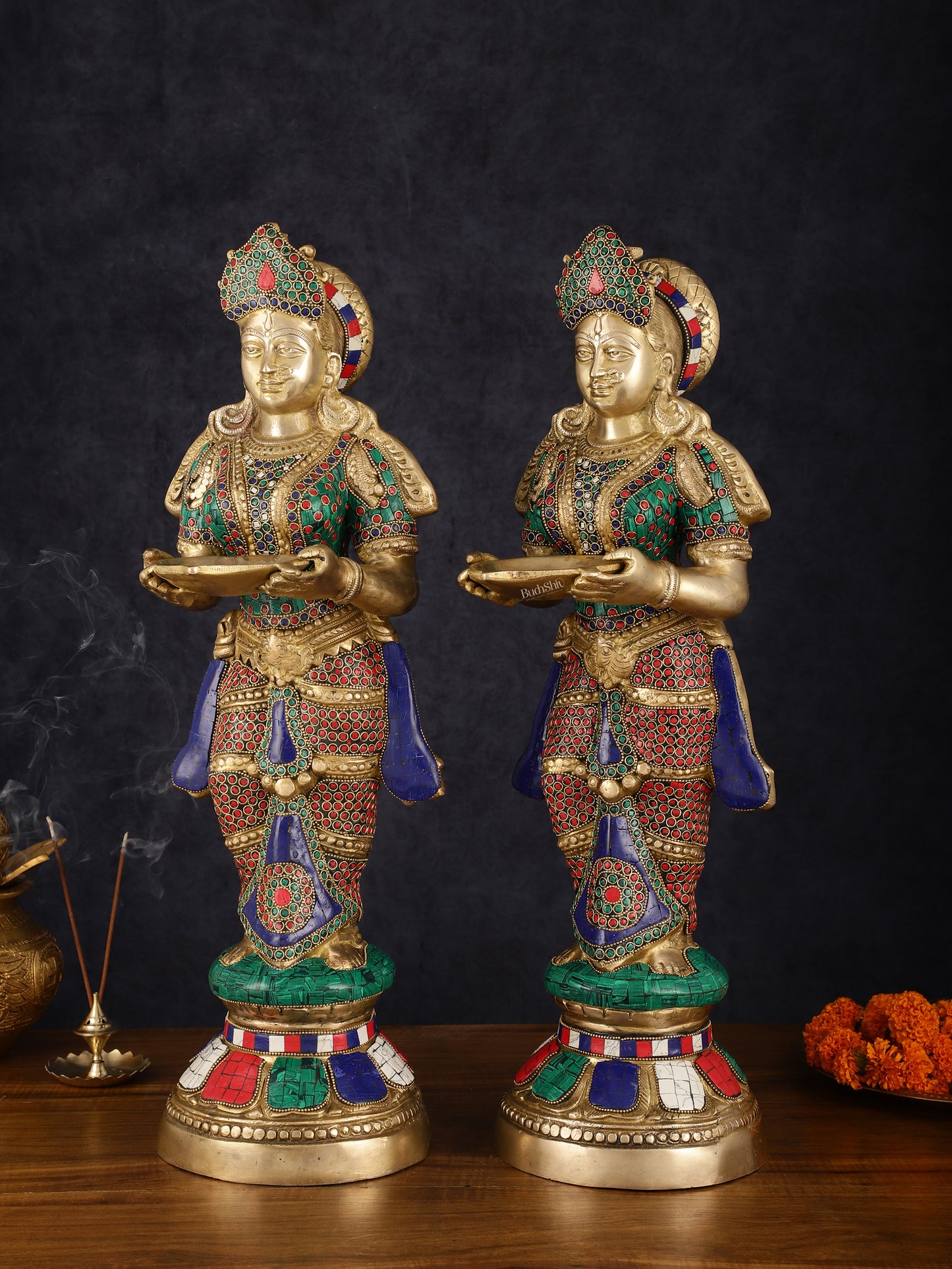 Brass Deep Lakshmi Pavaai Villaku with Intricate Stonework, 23" Height