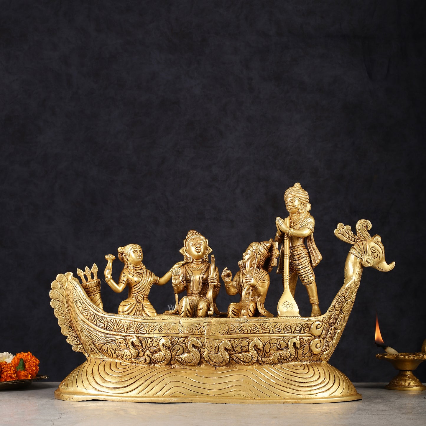 Lord Rama, Sita, and Lakshmana Statue with Kevat on boat brass statue