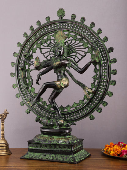 28" Superfine Brass Nataraja Statue - Golden Allure with Vintage Green and Black Touch