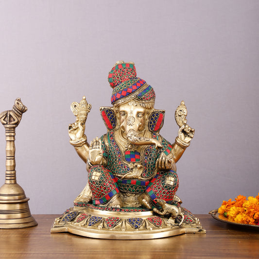 Brass Superfine Handcrafted Lord Ganesha Idol with Pagadi - 11" Meenakari Stonework