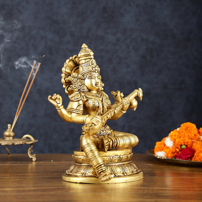 Brass Superfine Goddess Saraswati Statue – 10.5" Height, Finely Detailed