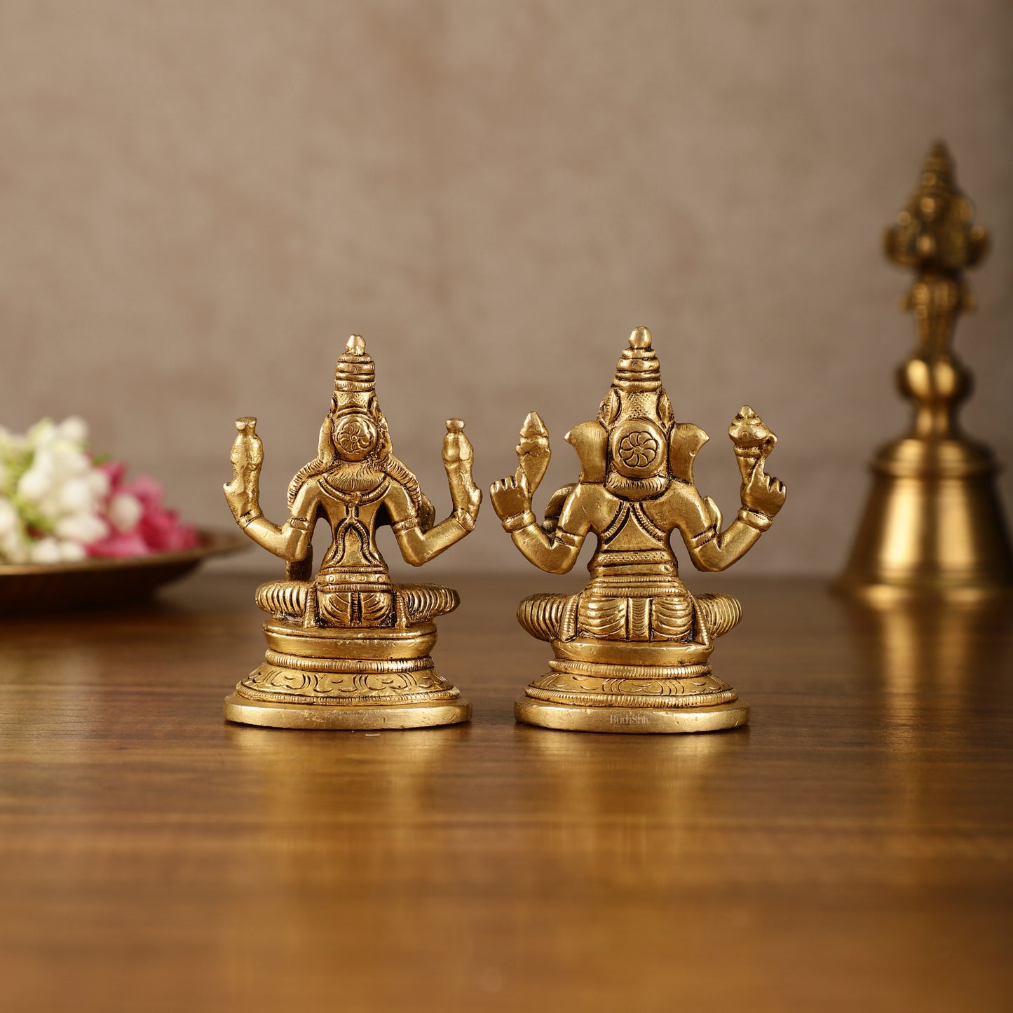 Pure Brass Small Lord Ganesha and Goddess Lakshmi Idol Pair | 3.5 Inch