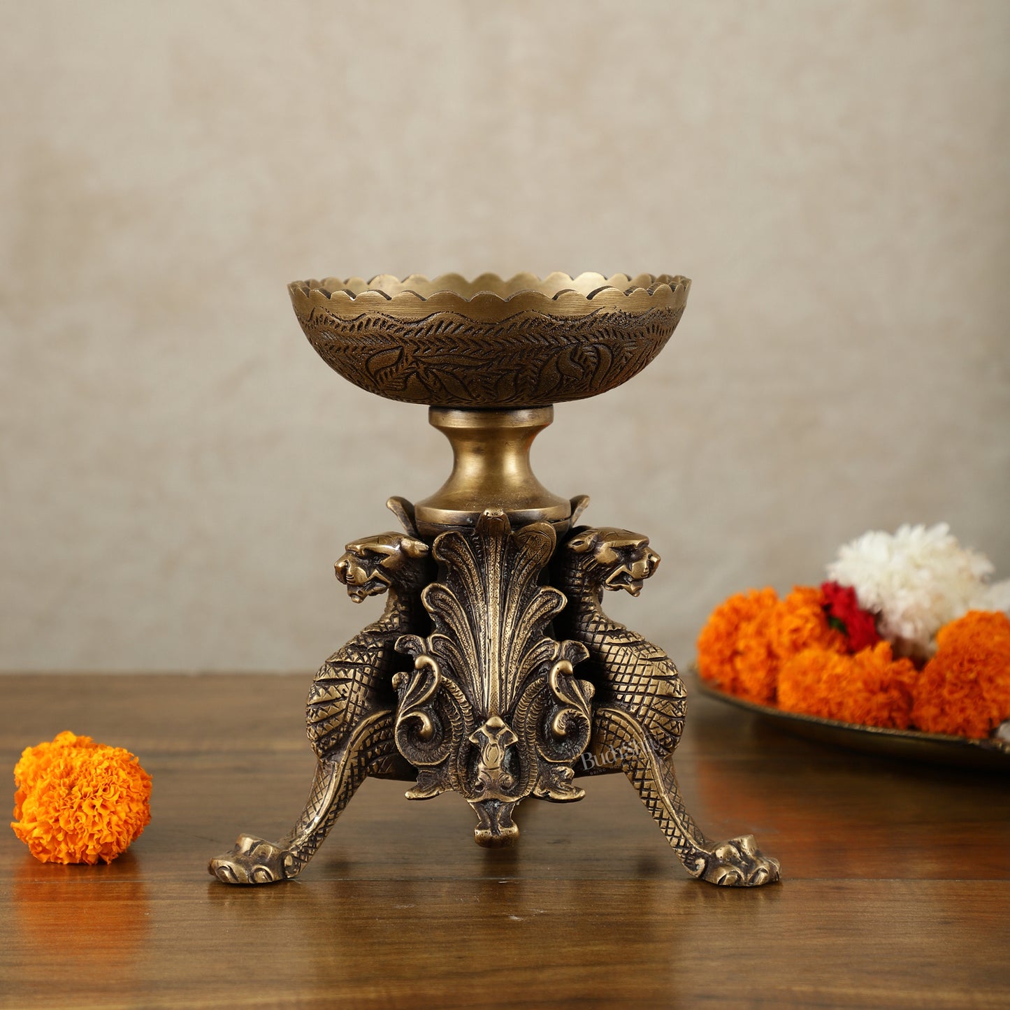 Brass Multi-Purpose Bowl with Yali Lion Stand | 8"