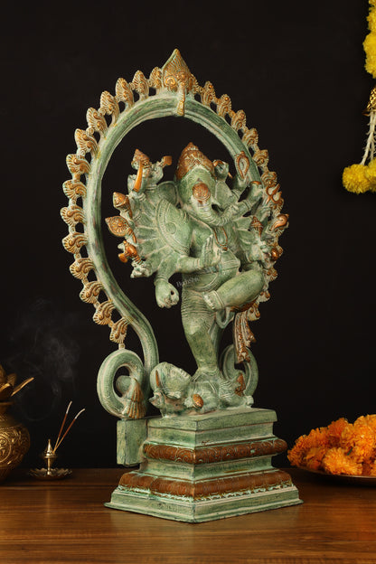 Brass Dancing Ganesha Statue - 25.5" Height, Antique Green Patina Finish