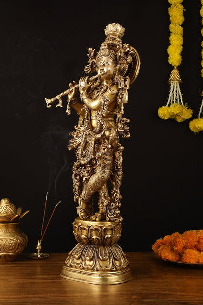 Brass Superfine Krishna Statue - 30" Height, Exquisite Craftsmanship