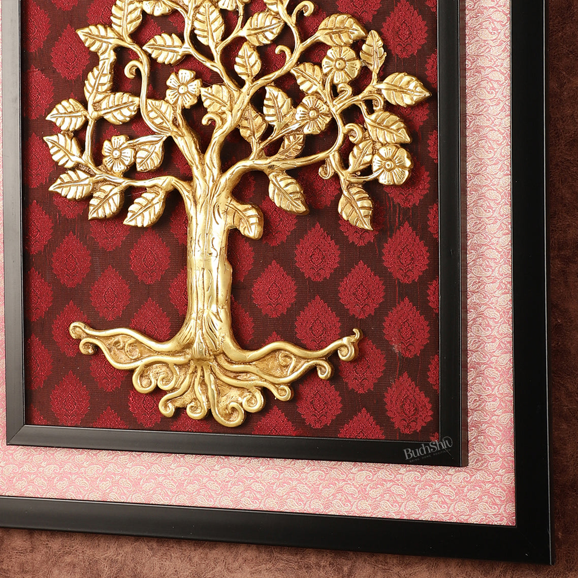 Brass Kalpavriksha Tree Hanging on Wooden Frame with Premium Fabric - 20" x 18.5"