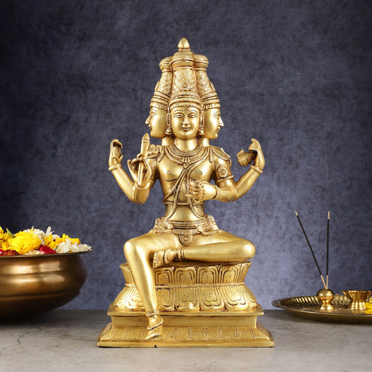 Pure Brass Seated Lord Brahma Sculpture - 16 inch