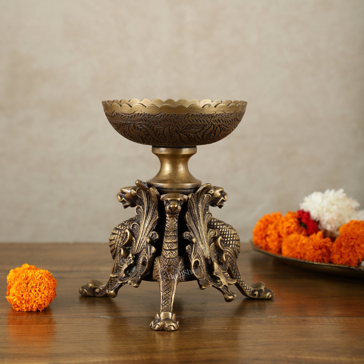 Brass Multi-Purpose Bowl with Yali Lion Stand | 8"