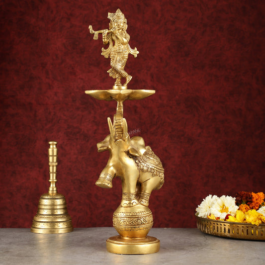 Pure Brass Superfine Krishna on jumping Elephant Oil Lamp/Vilakku - 16"