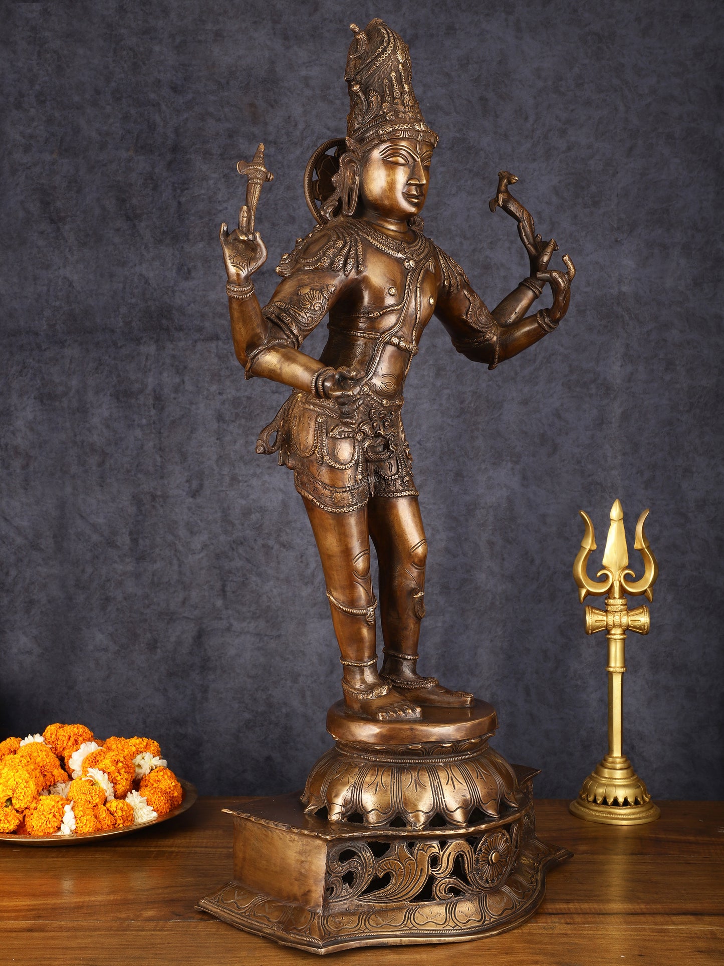 Antique Brass Handcrafted Standing Shiva as Pashupatinath Sculpture - Chola Style, 31.5"