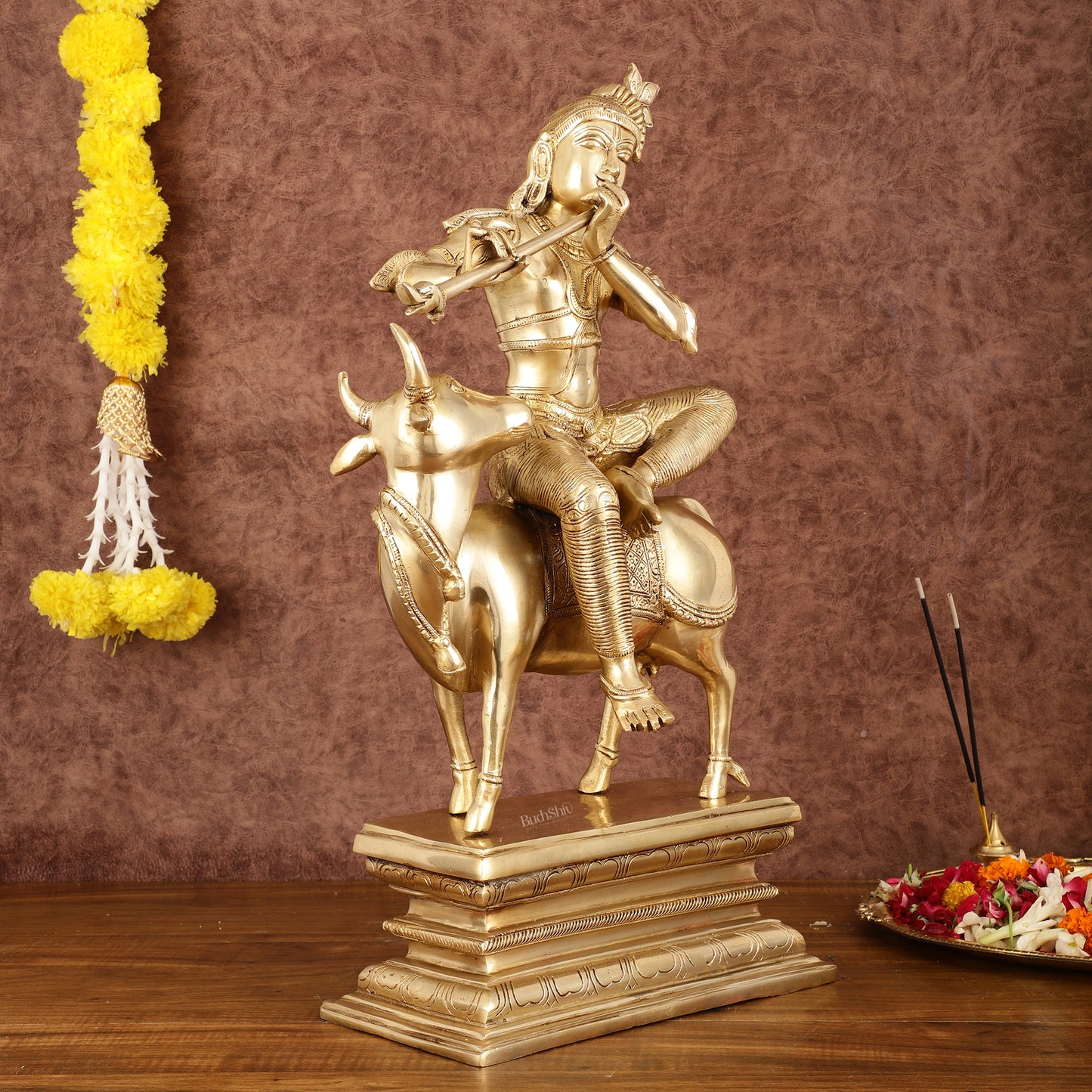 Brass Venugopal Krishna Seated on Cow Statue - 21"