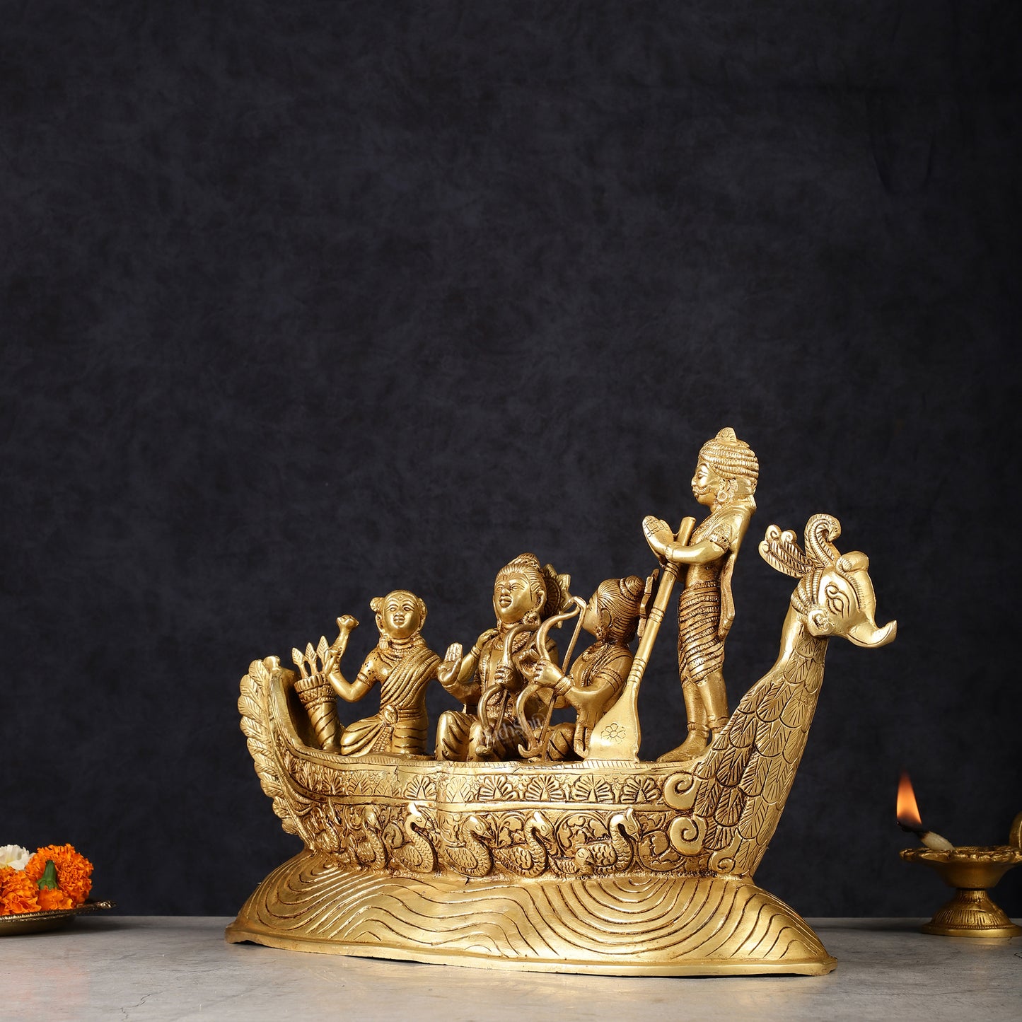 Lord Rama, Sita, and Lakshmana Statue with Kevat on boat brass statue