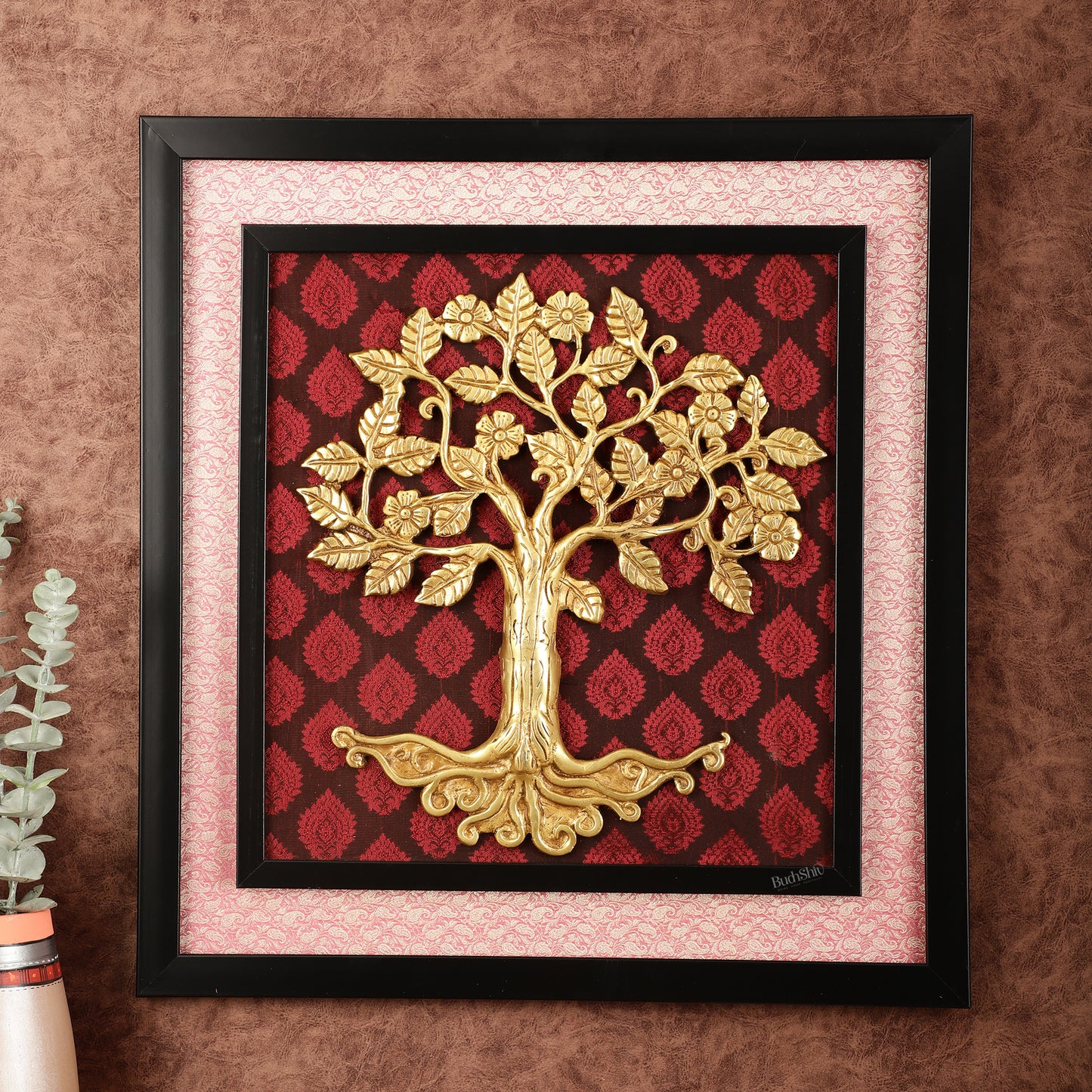 Brass Kalpavriksha Tree Hanging on Wooden Frame with Premium Fabric - 20" x 18.5"