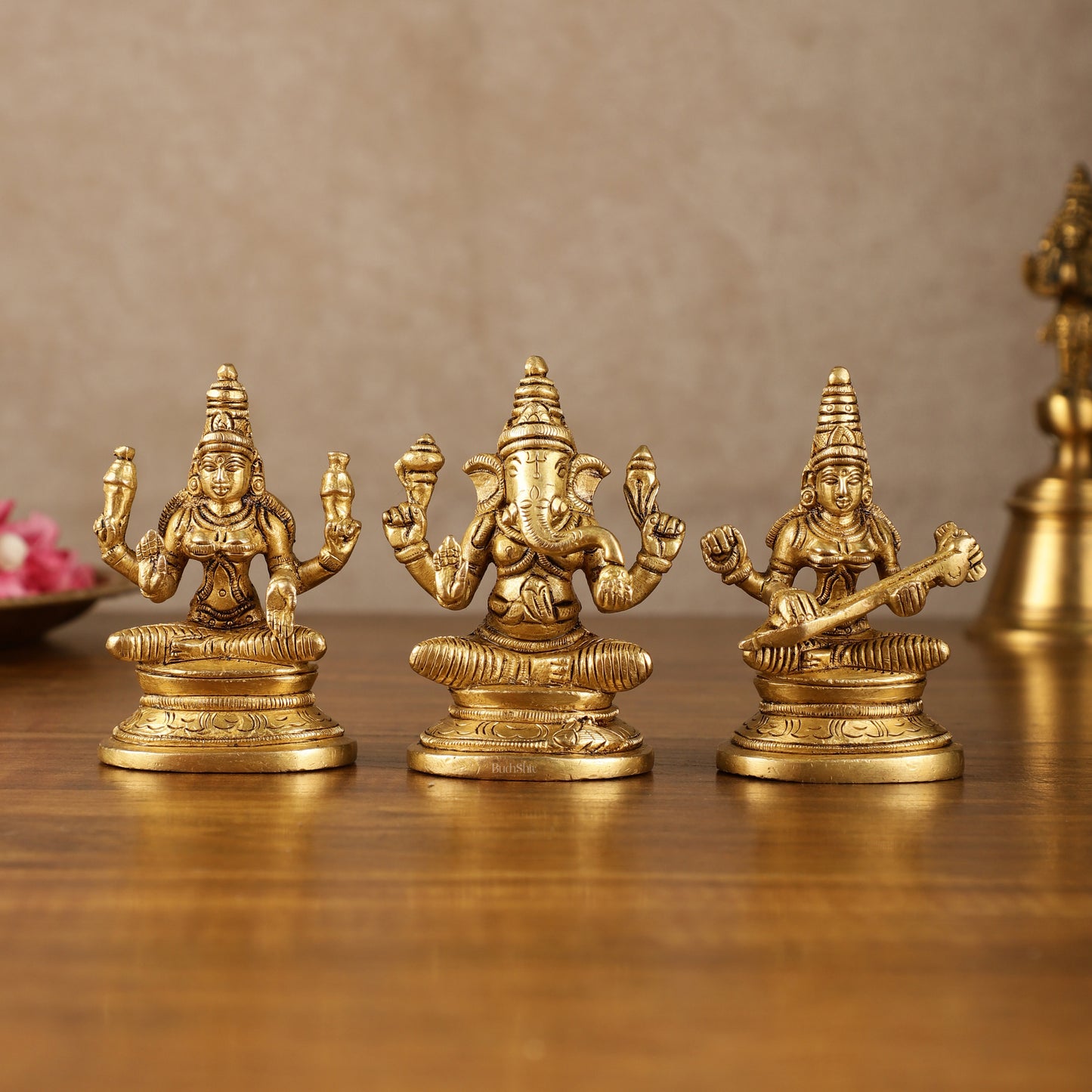 Pure Brass Small Lord Ganesha, Goddess Lakshmi, and Goddess Saraswati Idol Set | 3.5 Inch