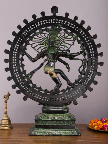 28" Superfine Brass Nataraja Statue - Golden Allure with Vintage Green and Black Touch