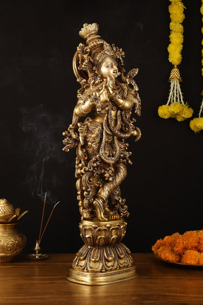 Brass Superfine Krishna Statue - 30" Height, Exquisite Craftsmanship