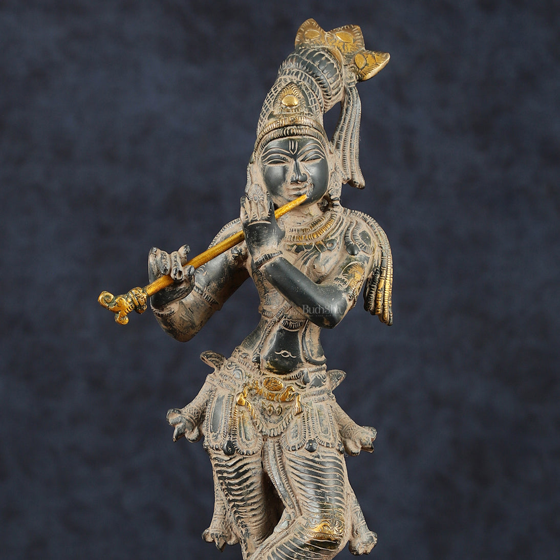 Krishna Pure Brass Statue with Sand Patina Finish – 14 Inches