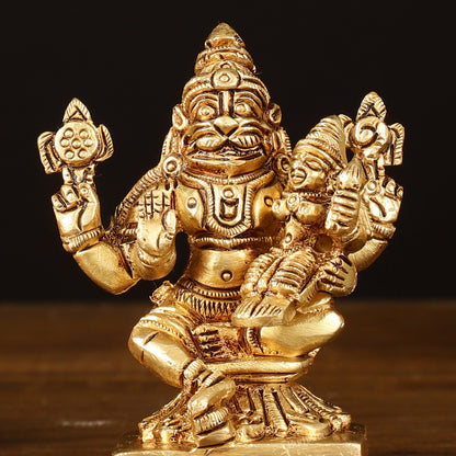 Brass Superfine Narsimha Lakshmi Small Idol - 3" Divine Sculpture